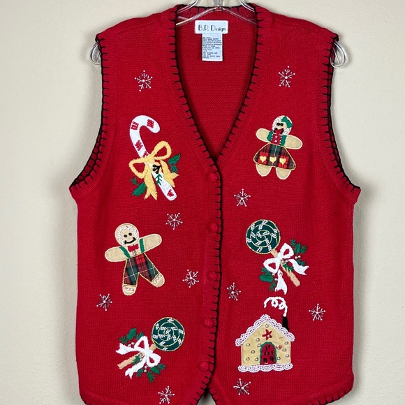 BP Design Sweaters - BP Design Vintage Red Christmas Embroidered Sweater Vest Cardigan; Size L